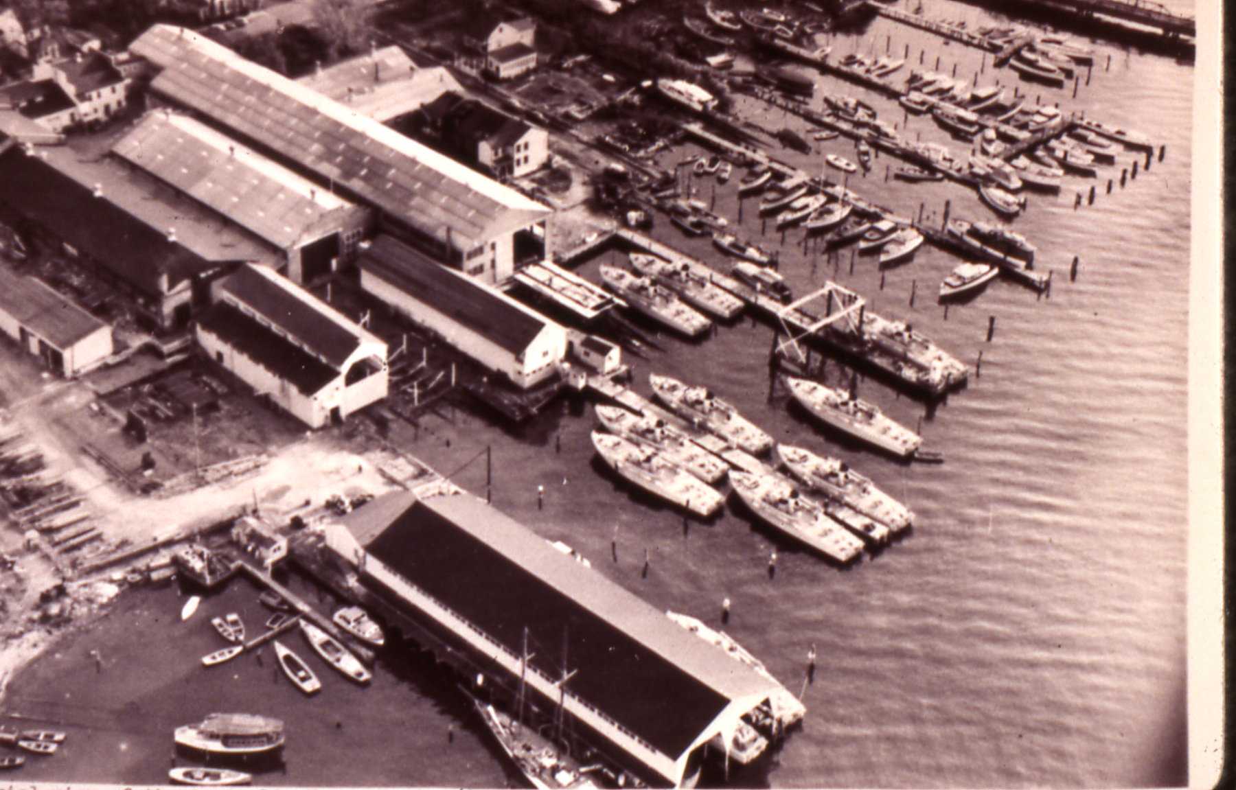 Historic aerial view of 222 Severn showing the Annapolis Yacht Yard circa 1930-1945.